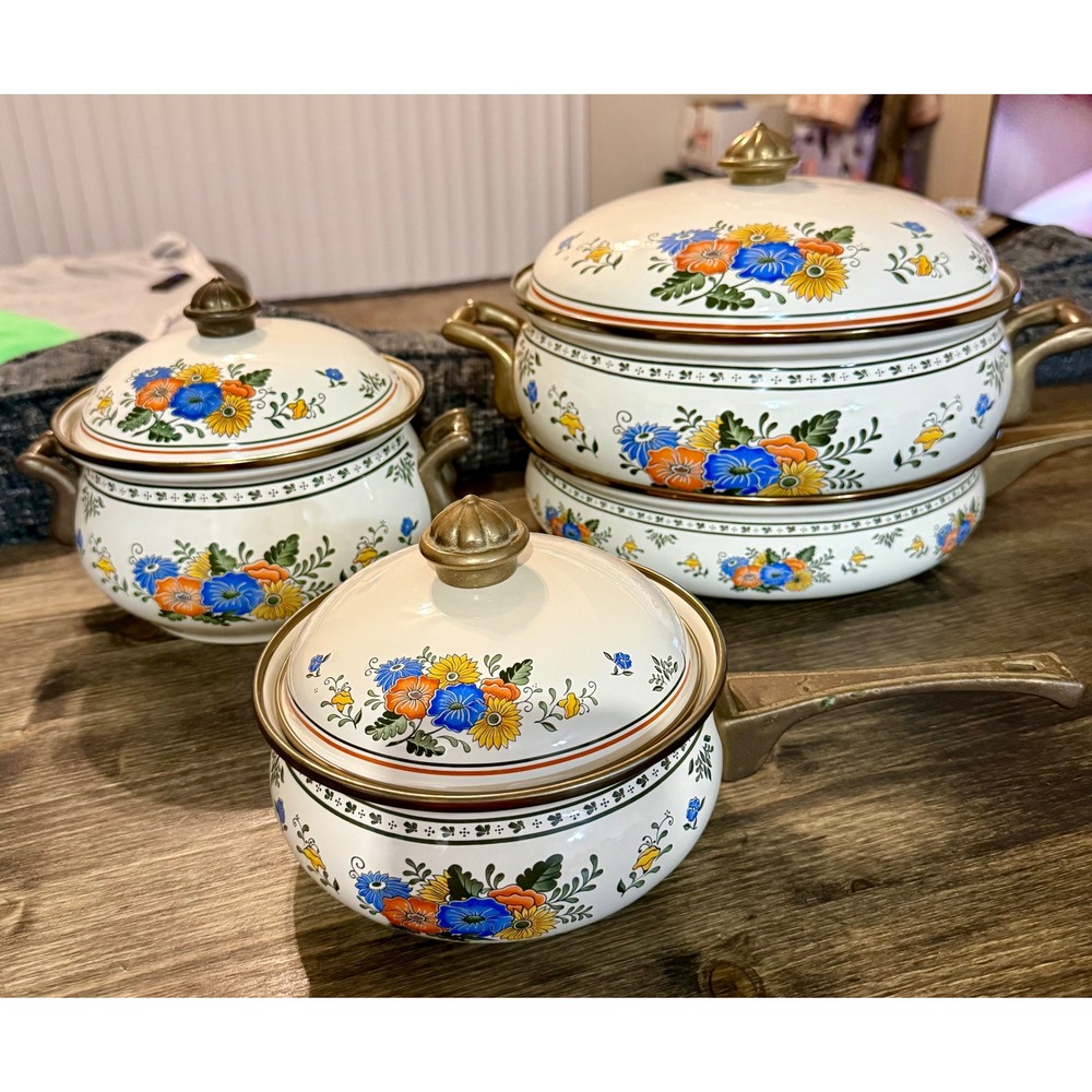 Vintage Floral Enamel Cookware Set 8pc White Multicolor Excellent Retro Kitchen